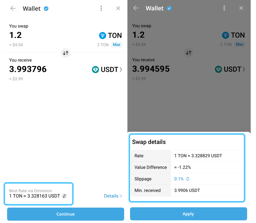 Telegram TON Wallet swapping tokens interface
